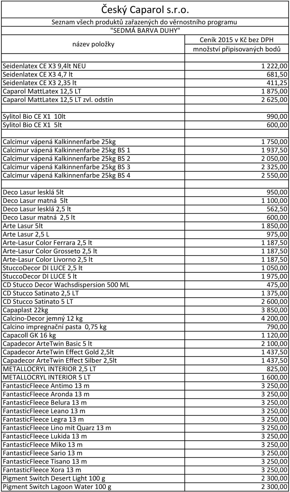 Kalkinnenfarbe 25kg BS 2 2 050,00 Calcimur vápená Kalkinnenfarbe 25kg BS 3 2 325,00 Calcimur vápená Kalkinnenfarbe 25kg BS 4 2 550,00 Deco Lasur lesklá 5lt 950,00 Deco Lasur matná 5lt 1 100,00 Deco