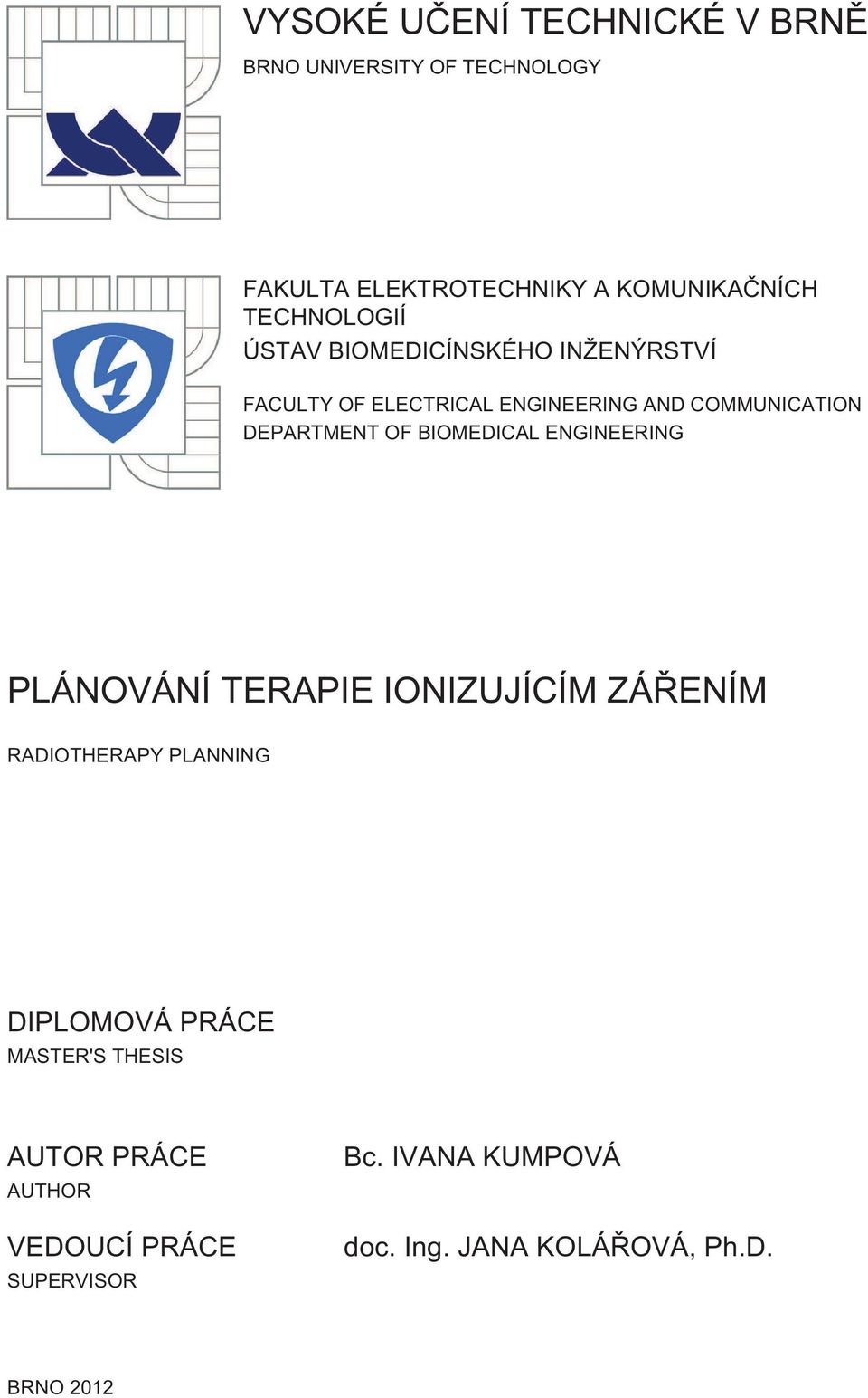 DEPARTMENT OF BIOMEDICAL ENGINEERING PLÁNOVÁNÍ TERAPIE IONIZUJÍCÍM ZÁŘENÍM RADIOTHERAPY PLANNING DIPLOMOVÁ