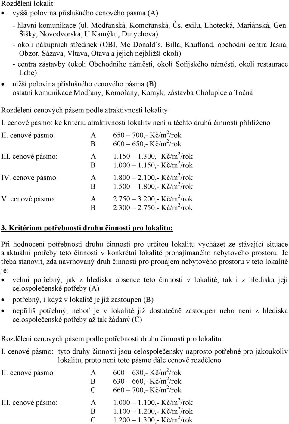 (okolí Obchodního náměstí, okolí Sofijského náměstí, okolí restaurace Labe) nižší polovina příslušného cenového pásma () ostatní komunikace Modřany, Komořany, Kamýk, zástavba holupice a Točná