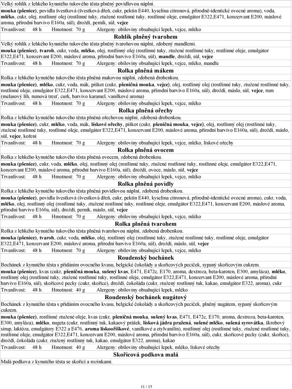 tuky, rostlinné oleje, emulgátor E322,E471, konzervant E200, máslové aroma, přírodní barvivo E160a, sůl), droždí, perník, sůl, vejce Rohlík plněný tvarohem Velký rohlík z lehkého kynutého tukového