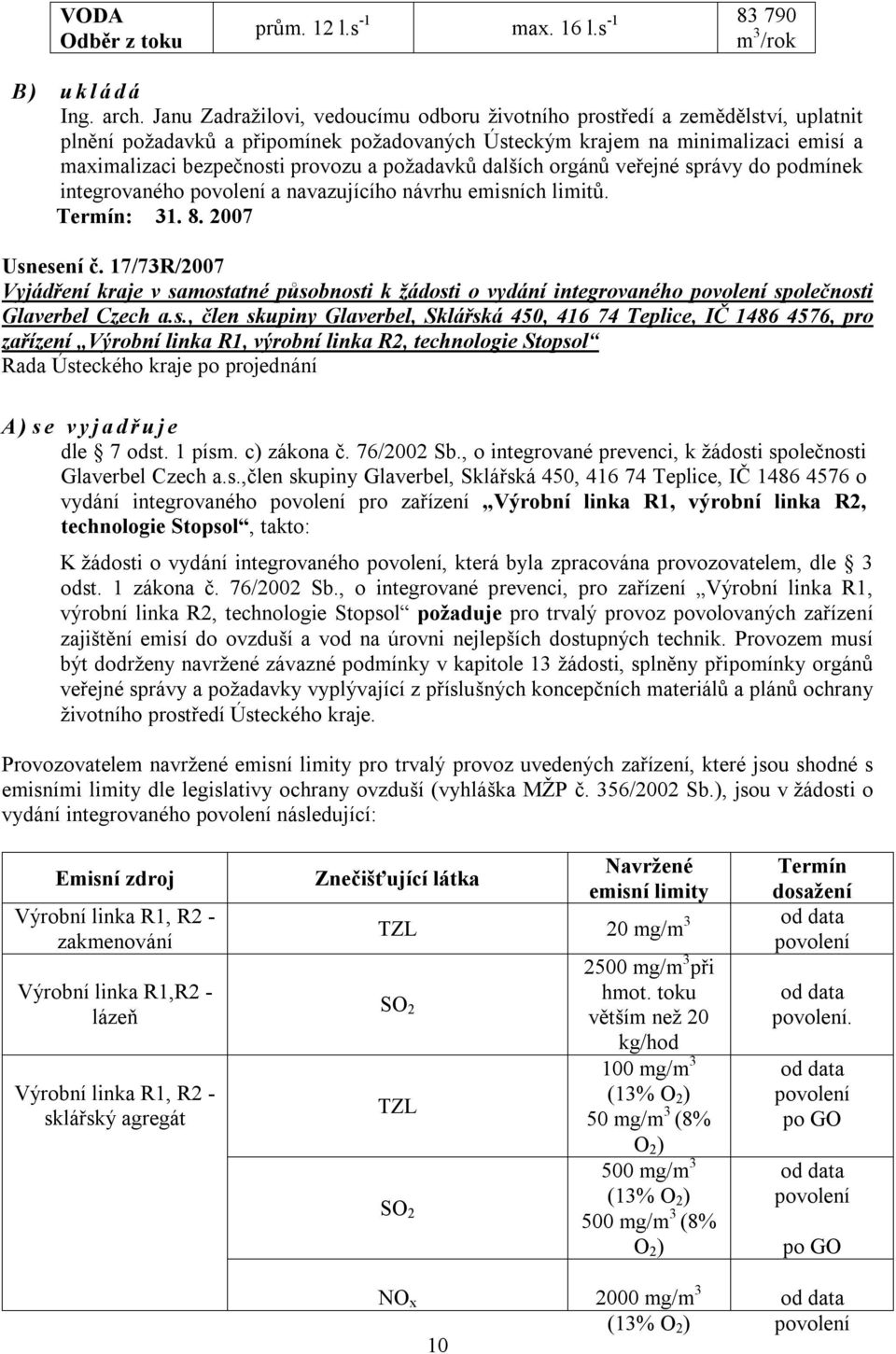 požadavků dalších orgánů veřejné správy do podmínek integrovaného povolení a navazujícího návrhu emisních limitů. Termín: 31. 8. 2007 Usnesení č.