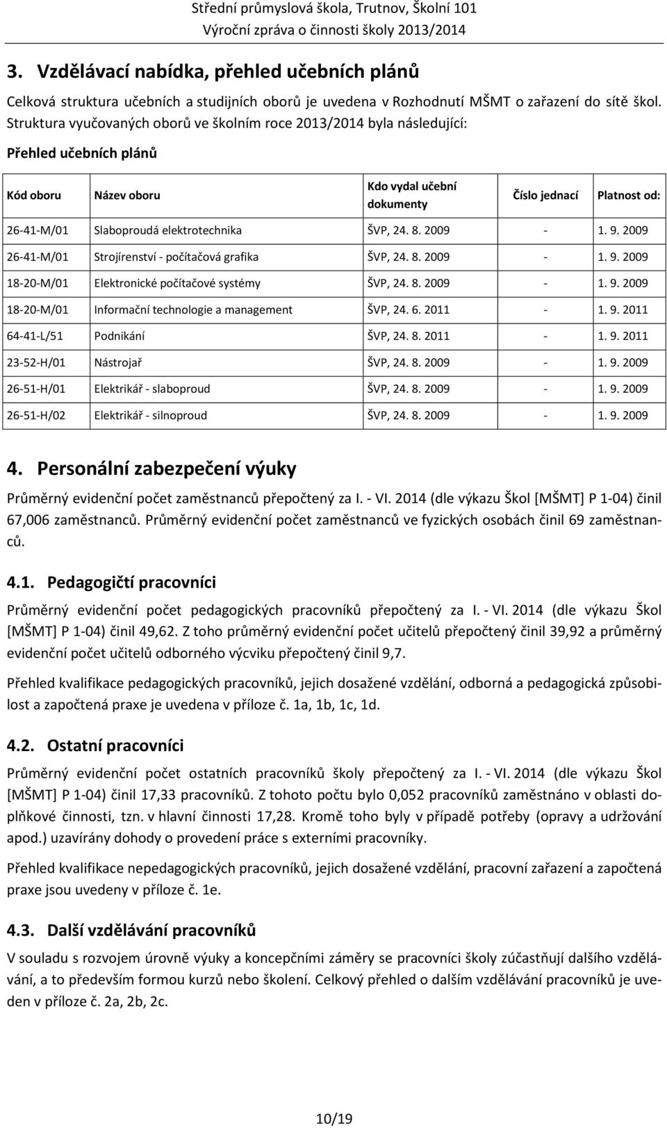 Struktura vyučovaných oborů ve školním roce 2013/2014 byla následující: Přehled učebních plánů Kód oboru Název oboru Kdo vydal učební dokumenty Číslo jednací Platnost od: 26-41-M/01 Slaboproudá