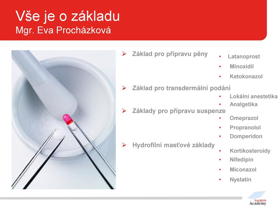 Ketokonazol Základ pro transdermální podání Lokální anestetika Analgetika