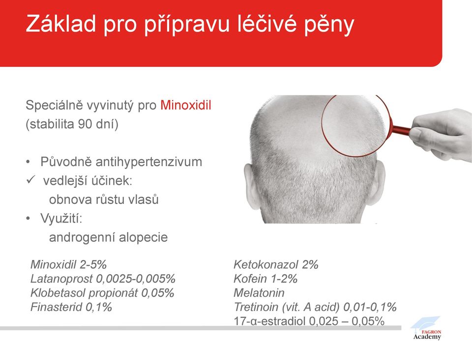 alopecie Minoxidil 2-5% Latanoprost 0,0025-0,005% Klobetasol propionát 0,05% Finasterid