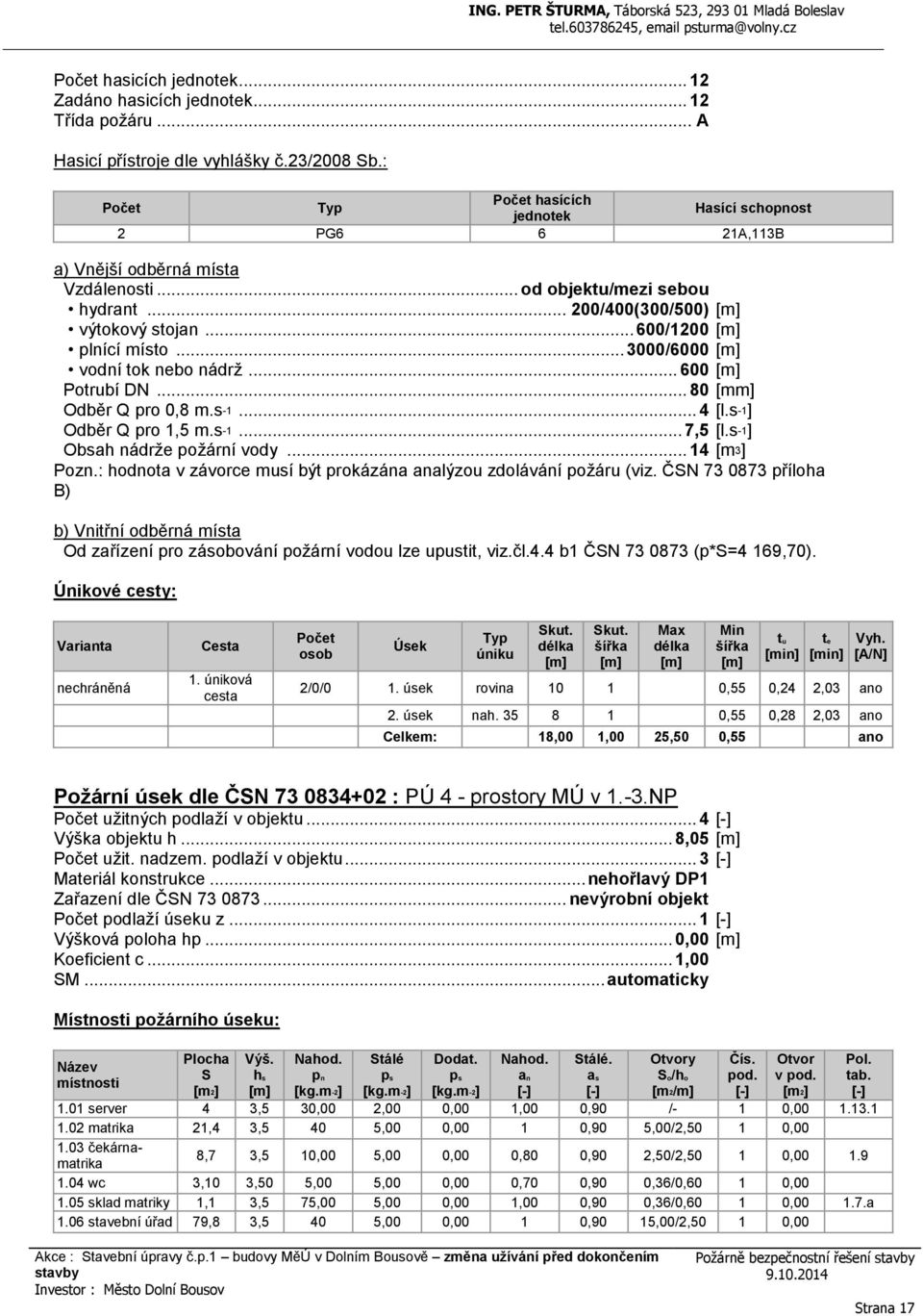 .. 3000/6000 vodní tok nebo nádrž... 600 Potrubí DN... 80 [mm] Odběr Q pro 0,8 m.s-1... 4 [l.s-1] Odběr Q pro 1,5 m.s-1... 7,5 [l.s-1] Obsah nádrže požární vody... 14 [m3] Pozn.