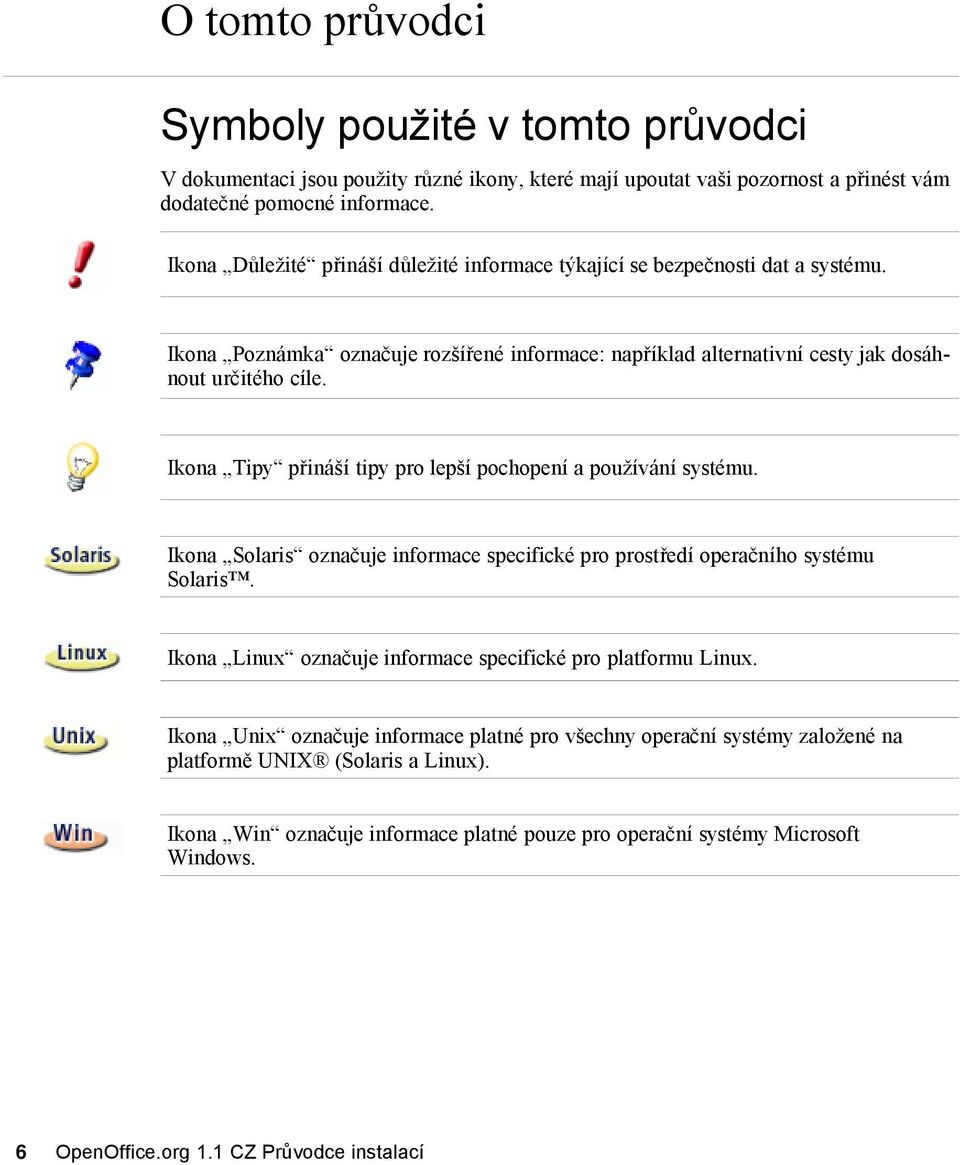 Ikona Tipy přináší tipy pro lepší pochopení a používání systému. Ikona Solaris označuje informace specifické pro prostředí operačního systému Solaris.