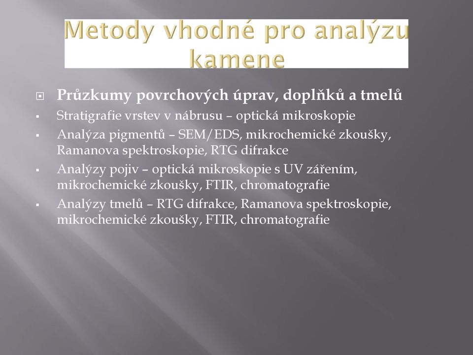 difrakce Analýzy pojiv optická mikroskopie s UV zářením, mikrochemické zkoušky, FTIR,