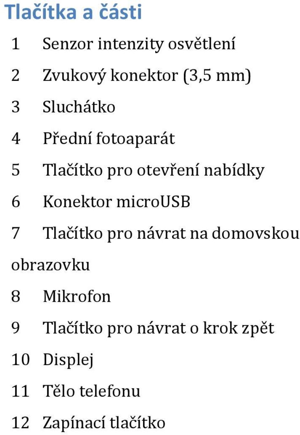 Konektor microusb 7 Tlačítko pro návrat na domovskou obrazovku 8 Mikrofon