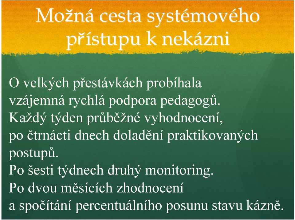 Každý týden průběžné vyhodnocení, po čtrnácti dnech doladění praktikovaných