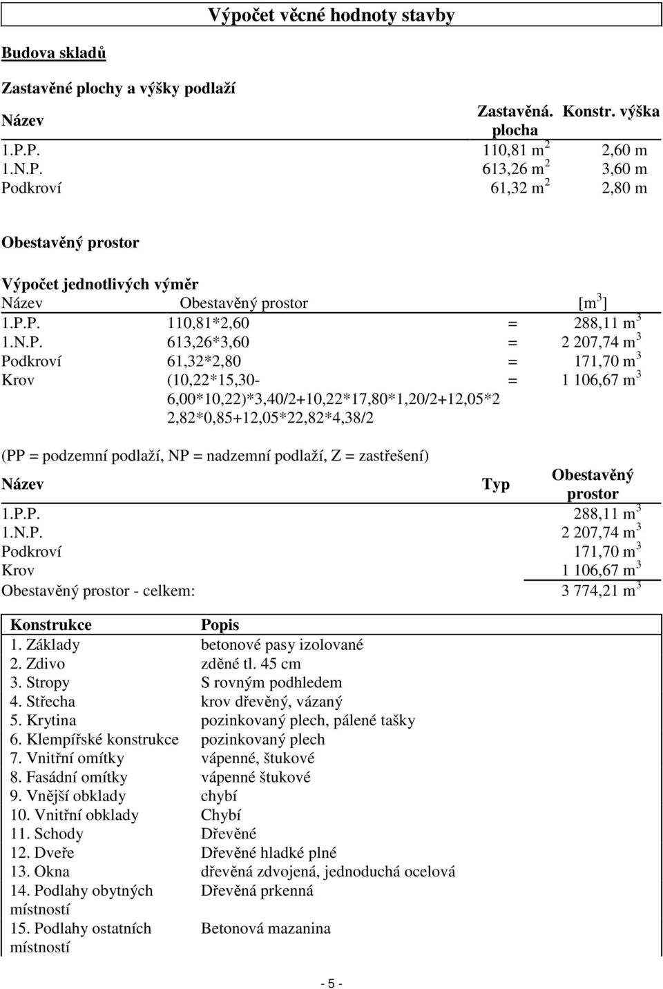 613,26*3,60 = 2 207,74 m 3 Podkroví 61,32*2,80 = 171,70 m 3 Krov (10,22*15,30-6,00*10,22)*3,40/2+10,22*17,80*1,20/2+12,05*2 2,82*0,85+12,05*22,82*4,38/2 = 1 106,67 m 3 (PP = podzemní podlaží, NP =