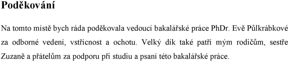 Evě Půlkrábkové za odborné vedení, vstřícnost a ochotu.