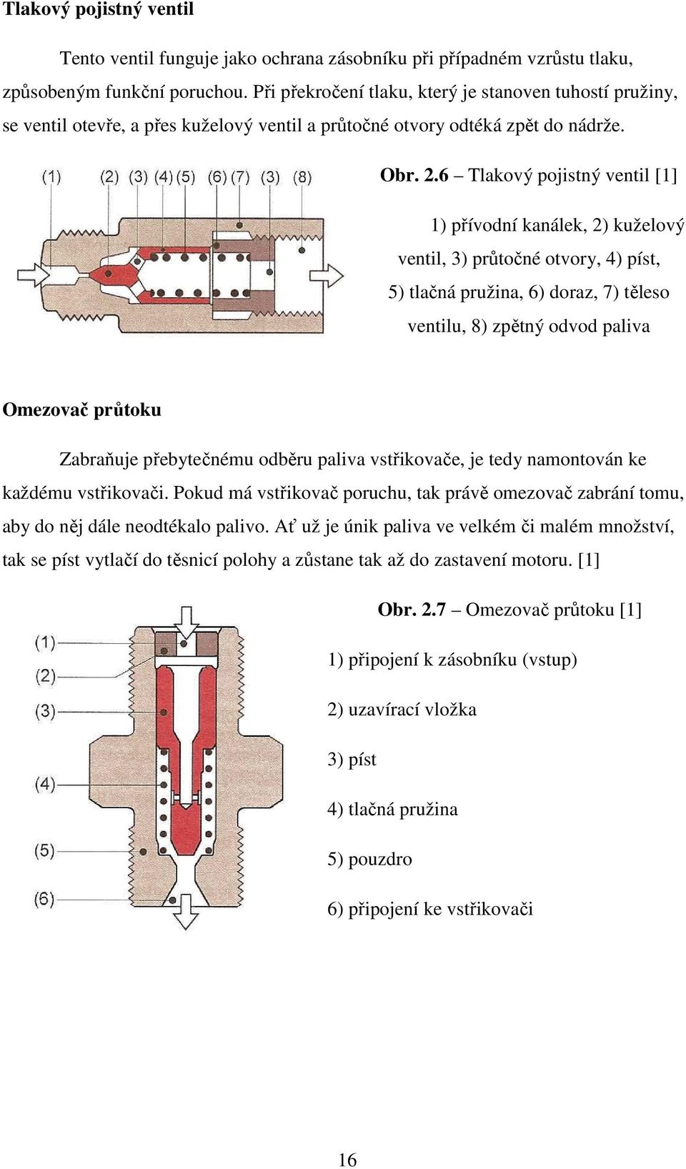 6 Tlakový pojistný ventil [1] 1) přívodní kanálek, 2) kuželový ventil, 3) průtočné otvory, 4) píst, 5) tlačná pružina, 6) doraz, 7) těleso ventilu, 8) zpětný odvod paliva Omezovač průtoku Zabraňuje