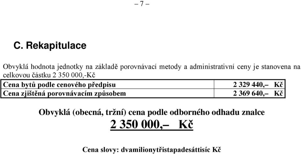 cenového předpisu 2 329 440, Kč Cena zjištěná porovnávacím způsobem 2 369 640, Kč