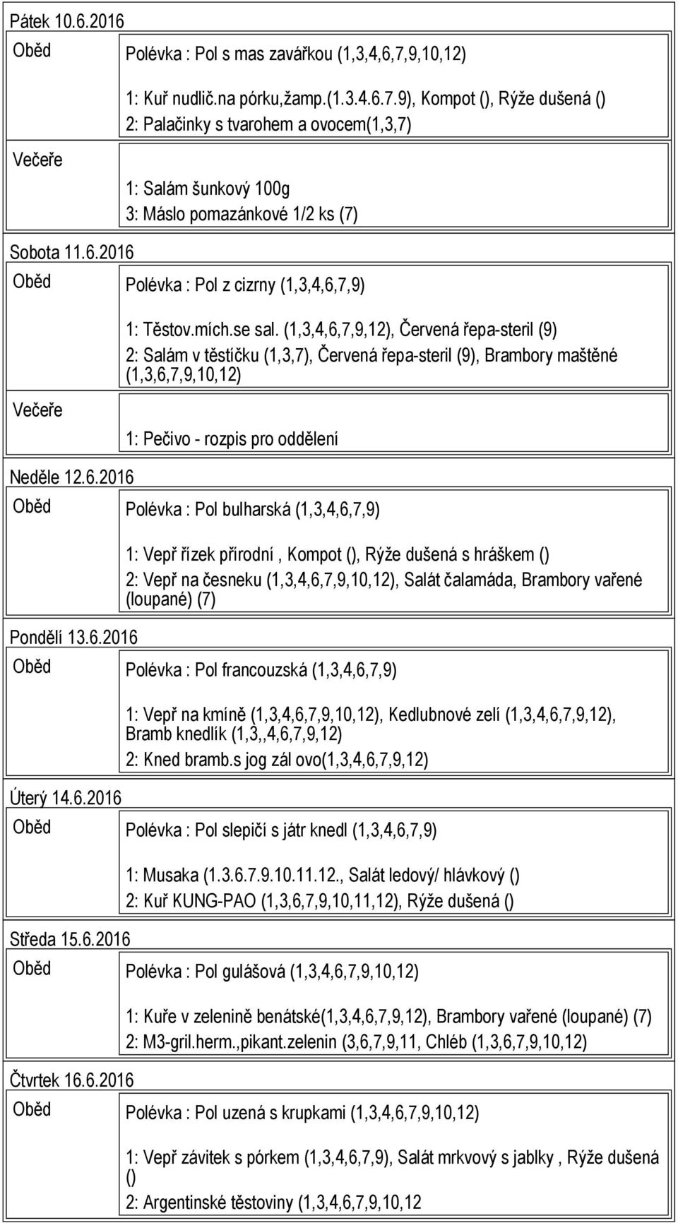 6.2016 1: Vepř řízek přírodní, Kompot (), Rýže dušená s hráškem () 2: Vepř na česneku (1,3,4,6,7,9,10,12), Salát čalamáda, Brambory vařené Oběd Polévka : Pol francouzská (1,3,4,6,7,9) Úterý 14.6.2016 1: Vepř na kmíně (1,3,4,6,7,9,10,12), Kedlubnové zelí (1,3,4,6,7,9,12), Bramb knedlík (1,3,,4,6,7,9,12) 2: Kned bramb.