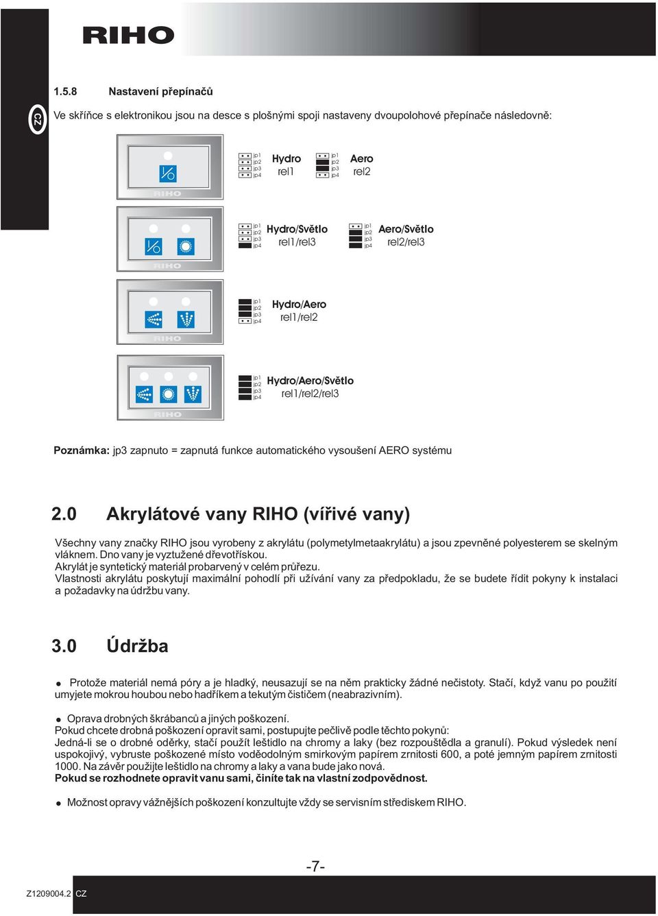 automatického vysoušení AERO systému 2.0 Akrylátové vany (vířivé vany) Všechny vany značky jsou vyrobeny z akrylátu (polymetylmetaakrylátu) a jsou zpevněné polyesterem se skelným vláknem.