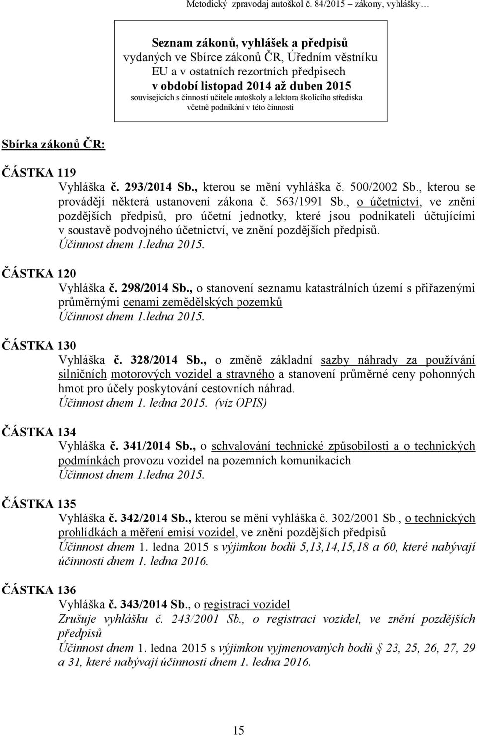 činností učitele autoškoly a lektora školicího střediska včetně podnikání v této činnosti Sbírka zákonů ČR: ČÁSTKA 119 Vyhláška č. 293/2014 Sb., kterou se mění vyhláška č. 500/2002 Sb.