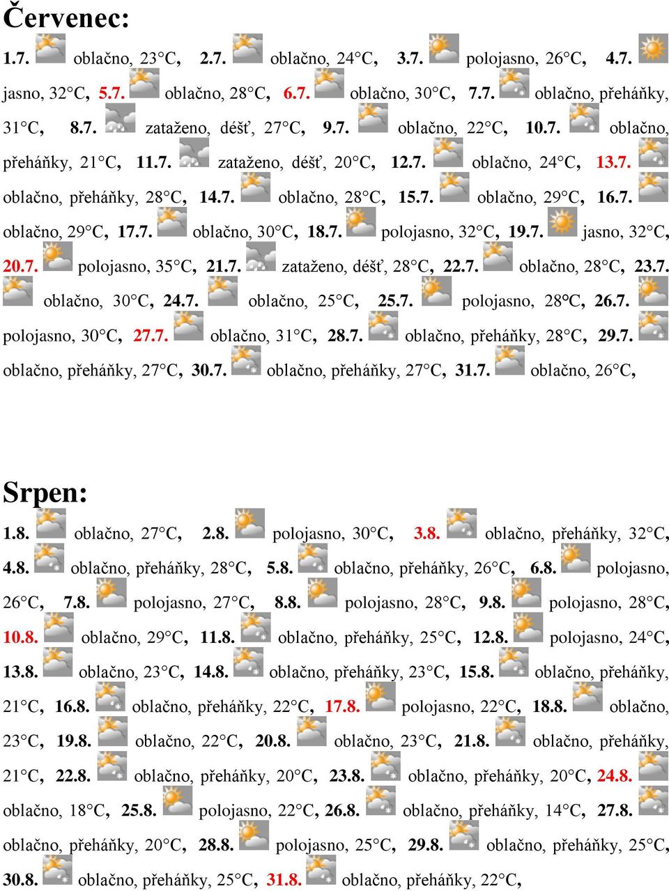 7. jasno, 32 C, 20.7. polojasno, 35 C, 21.7. zataženo, déšť, 28 C, 22.7. oblačno, 28 C, 23.7. oblačno, 30 C, 24.7. oblačno, 25 C, 25.7. polojasno, 28 C, 26.7. polojasno, 30 C, 27.7. oblačno, 31 C, 28.