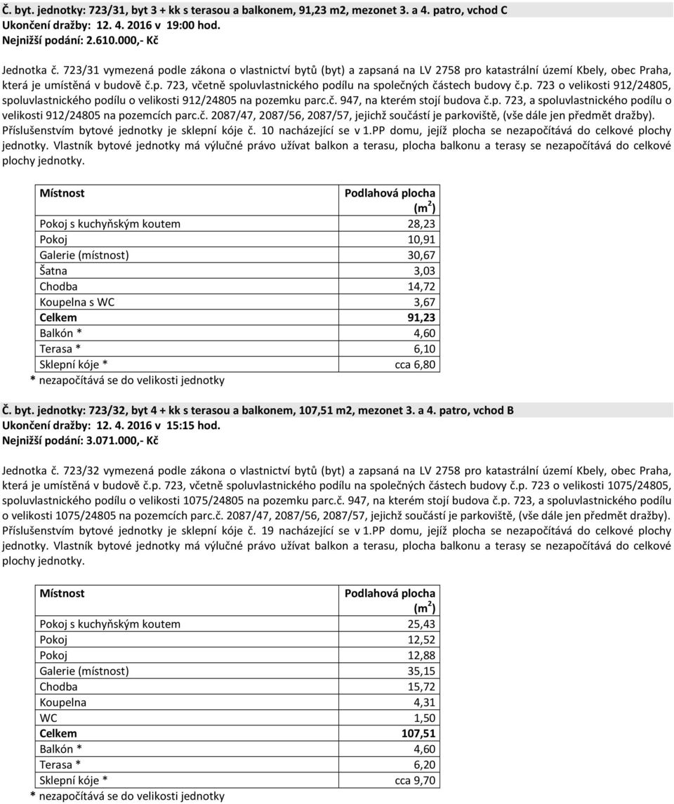 p. 723 o velikosti 912/24805, spoluvlastnického podílu o velikosti 912/24805 na pozemku parc.č. 947, na kterém stojí budova č.p. 723, a spoluvlastnického podílu o velikosti 912/24805 na pozemcích parc.