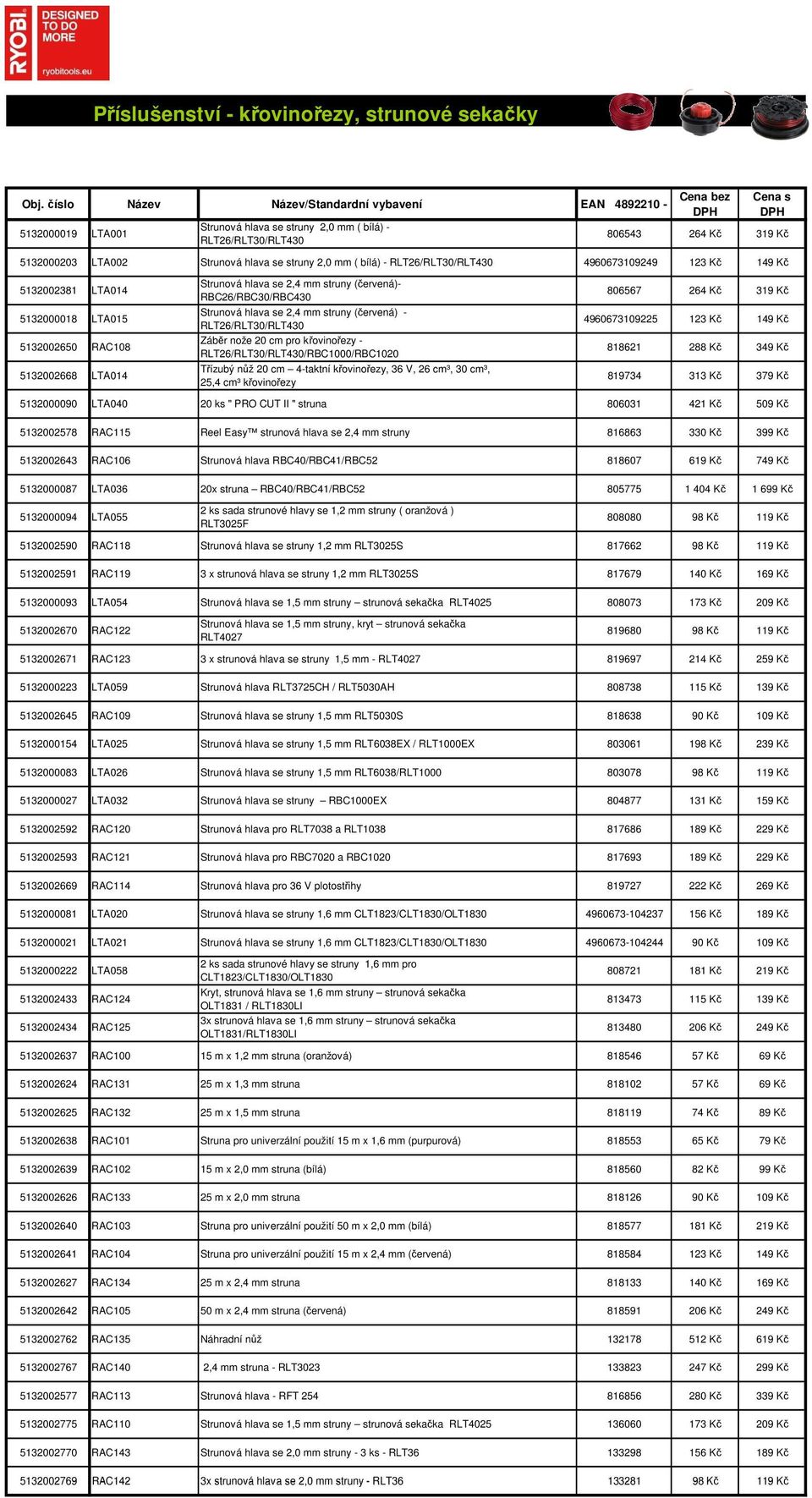 hlava se 2,4 mm struny (červená) - RLT26/RLT30/RLT430 Záběr nože 20 cm pro křovinořezy - RLT26/RLT30/RLT430/RBC1000/RBC1020 Třízubý nůž 20 cm 4-taktní křovinořezy, 36 V, 26 cm³, 30 cm³, 25,4 cm³