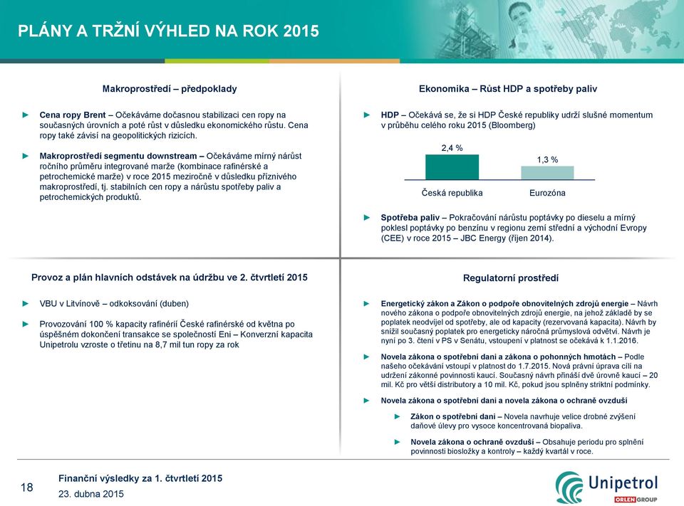 Makroprostředí segmentu downstream Očekáváme mírný nárůst ročního průměru integrované marže (kombinace rafinérské a petrochemické marže) v roce 2015 meziročně v důsledku příznivého makroprostředí, tj.