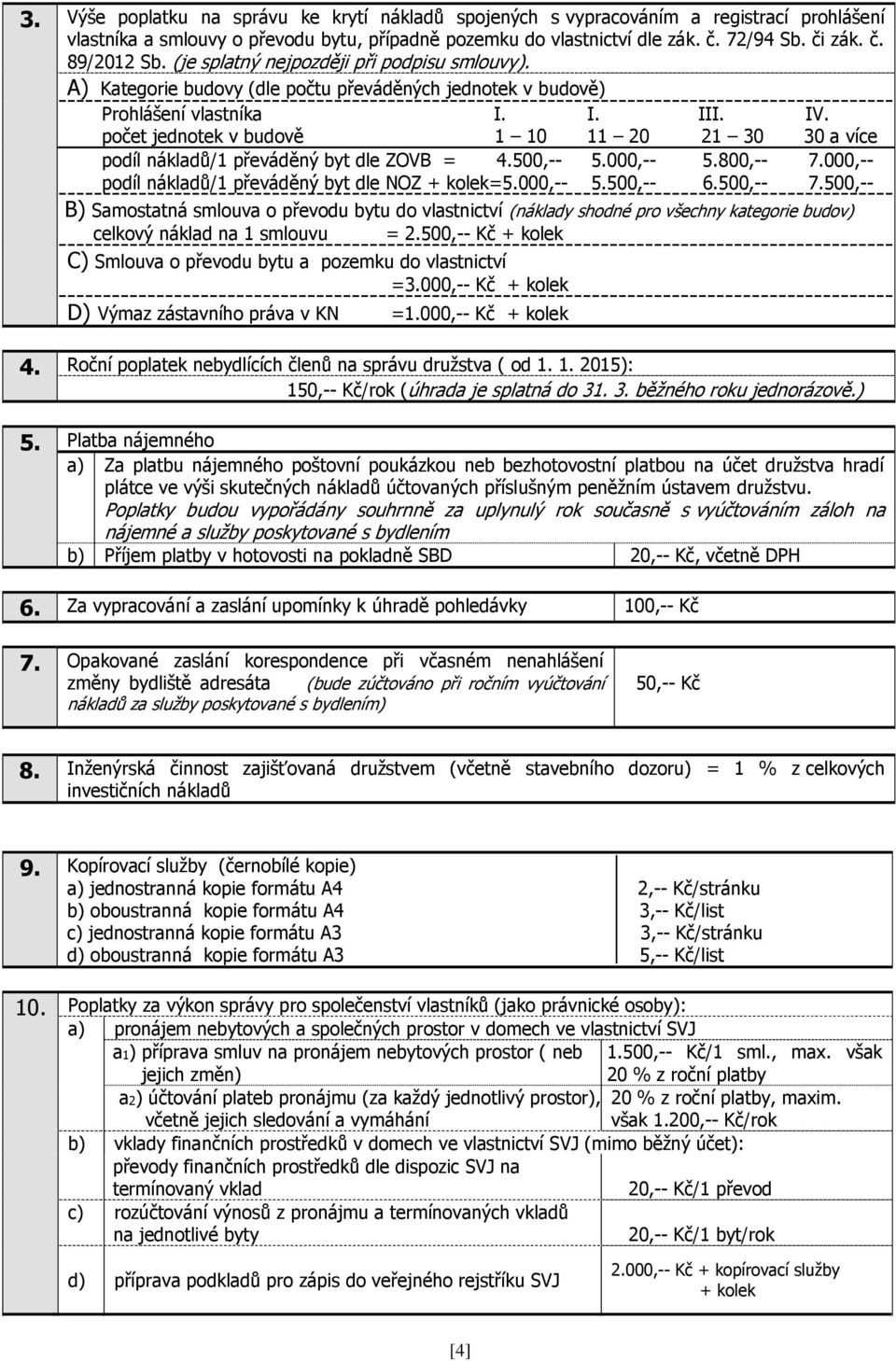 počet jednotek v budově 1 10 11 20 21 30 30 a více podíl nákladů/1 převáděný byt dle ZOVB = 4.500,-- 5.000,-- 5.800,-- 7.000,-- podíl nákladů/1 převáděný byt dle NOZ + kolek=5.000,-- 5.500,-- 6.