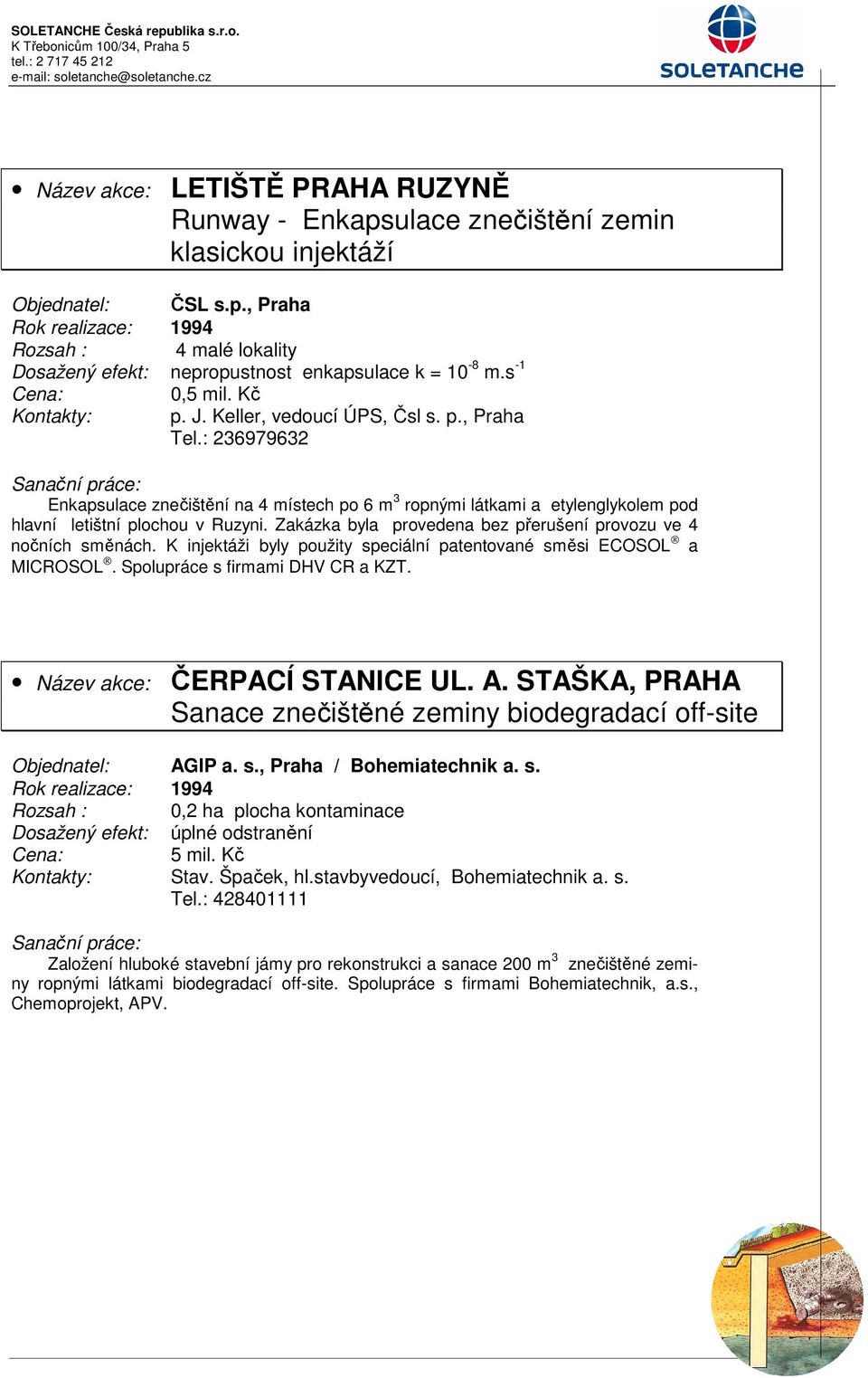 : 236979632 Enkapsulace znečištění na 4 místech po 6 m 3 ropnými látkami a etylenglykolem pod hlavní letištní plochou v Ruzyni. Zakázka byla provedena bez přerušení provozu ve 4 nočních směnách.