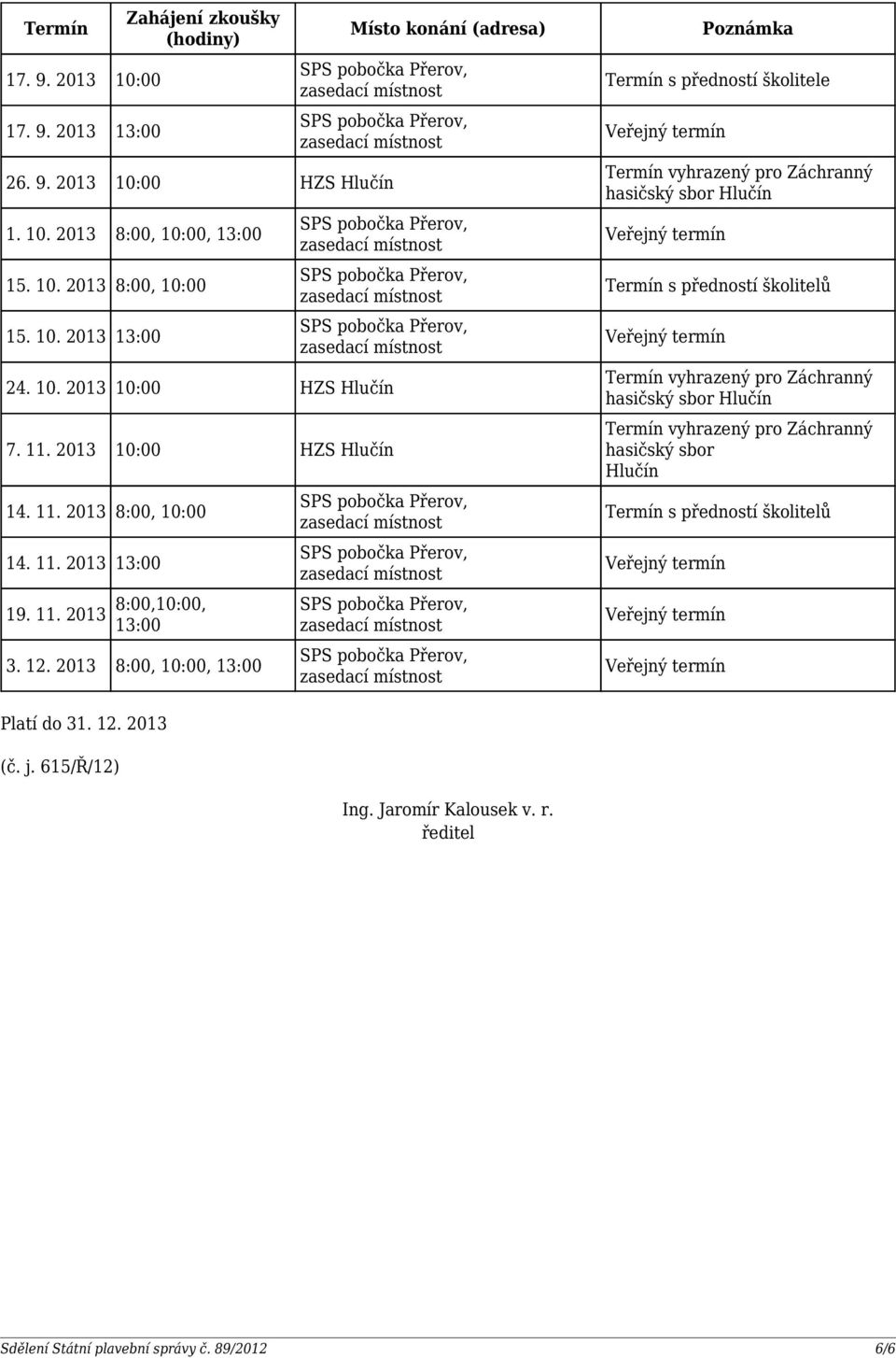 2013 8:00, 10:00, Termín s předností školitele Termín vyhrazený pro Záchranný hasičský sbor Hlučín Termín vyhrazený pro Záchranný hasičský sbor