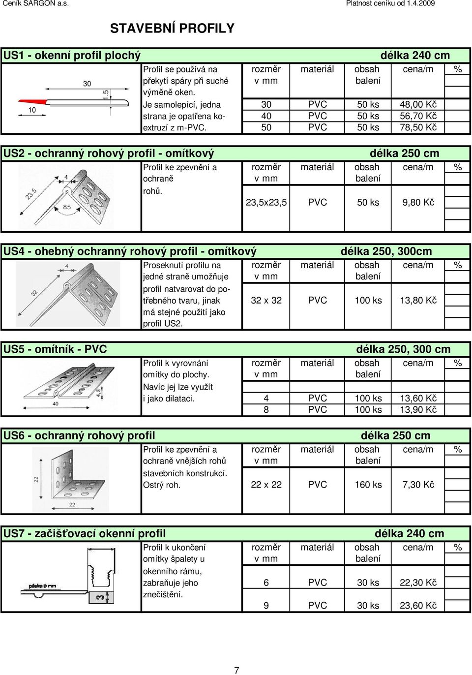 5 US2 - ochranný rohový profil - omítkový délka 250 cm Profil ke zpevnění a rozměr materiál obsah cena/m % ochraně rohů.