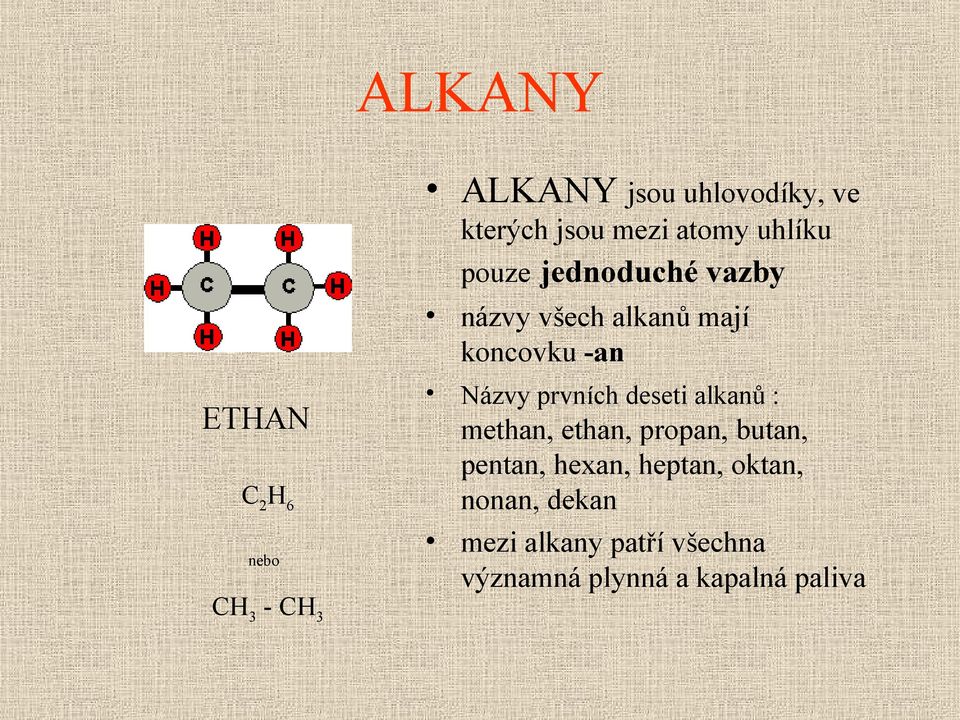 prvních deseti alkanů : methan, ethan, propan, butan, pentan, hexan, heptan,