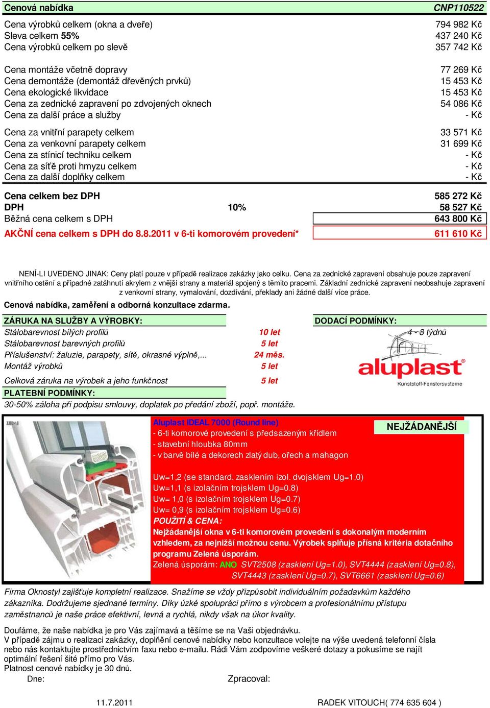 Cena za další doplňky celkem CNP110522 794 982 Kč 437 240 Kč 357 742 Kč 77 269 Kč 15 453 Kč 15 453 Kč 54 086 Kč 33 571 Kč 31 699 Kč Cena celkem bez DPH 585 272 Kč DPH 10% 58 527 Kč Běžná cena celkem