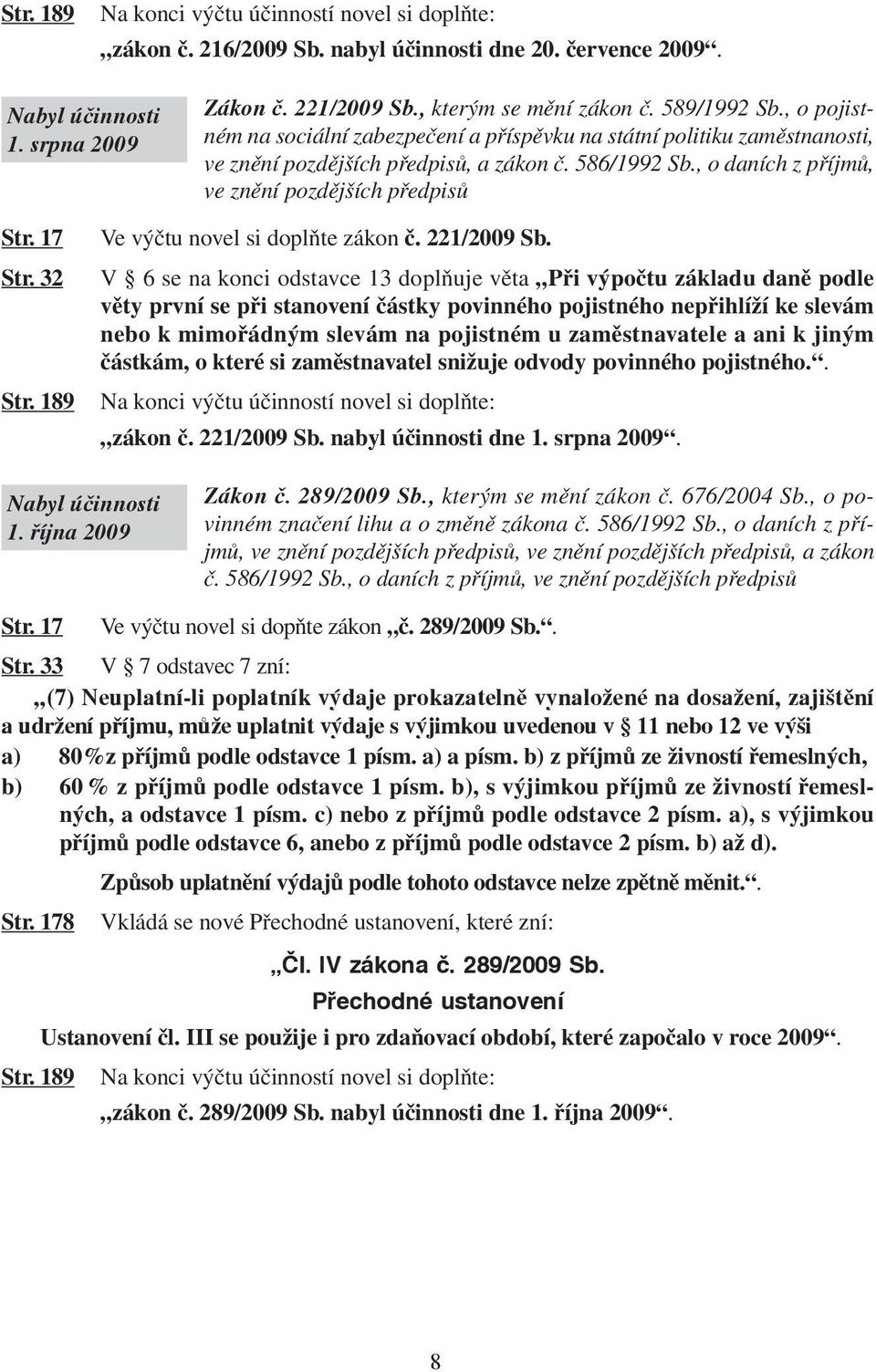 , o daních z příjmů, ve znění pozdějších předpisů Str. 17 Str. 32 Str. 189 Ve výčtu novel si doplňte zákon č. 221/2009 Sb.