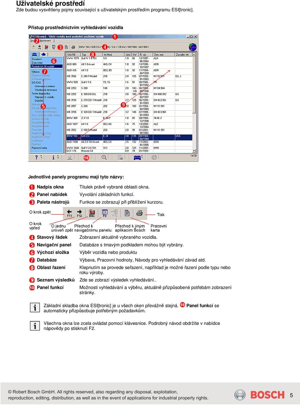 Funkce se zobrazují při přiblížení kurzoru. Stavový řádek Navigační panel Výchozí složka Databáze Oblast řazení Seznam výsledků Panel funkcí Zobrazení aktuálně vybraného vozidla.