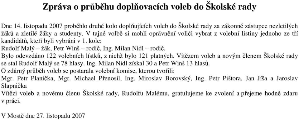 Bylo odevzdáno 122 volebních lístků, z nichž bylo 121 platných. Vítězem voleb a novým členem Školské rady se stal Rudolf Malý se 78 hlasy. Ing. Milan Nidl získal 30 a Petr Winš 13 hlasů.