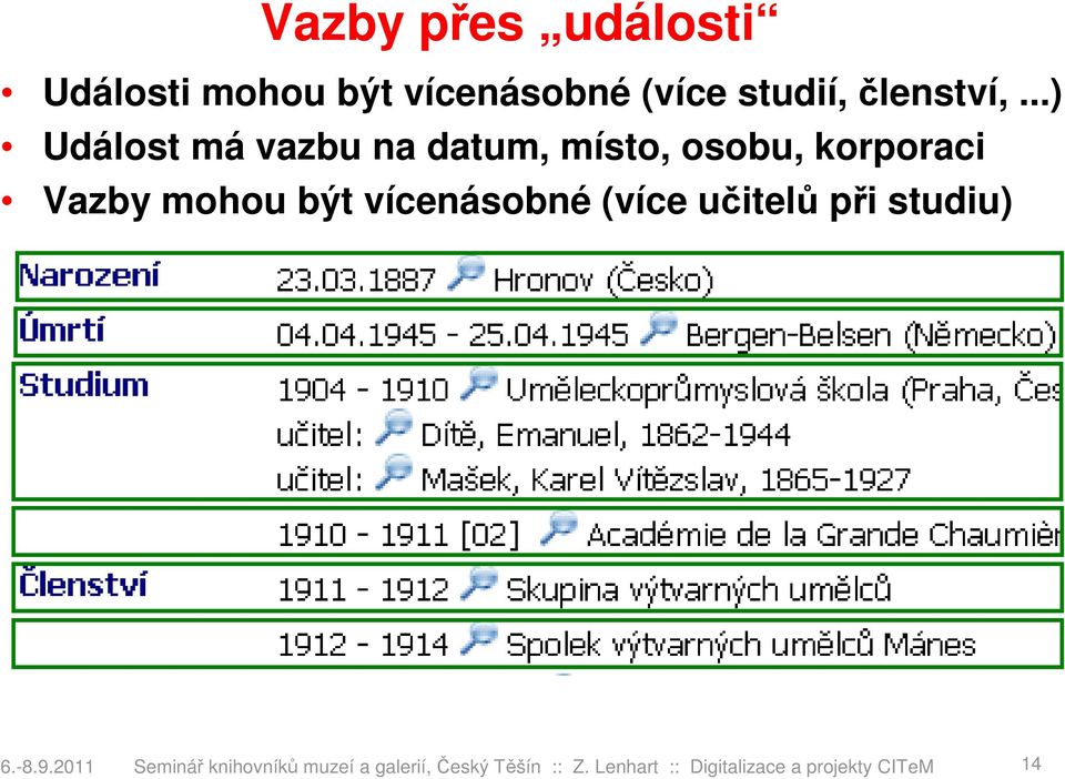 ..) Událost má vazbu na datum, místo, osobu, korporaci Vazby mohou být