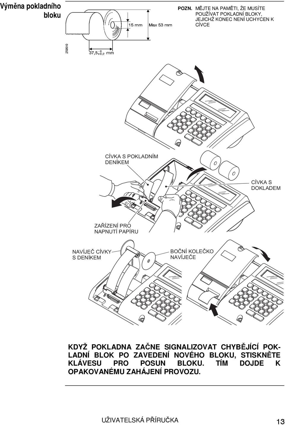 DENÍKEM CÍVKA S DOKLADEM ZAŘÍZENÍ PRO NAPNUTÍ PAPÍRU NAVÍJEČ CÍVKY S DENÍKEM BOČNÍ KOLEČKO NAVÍJEČE KDYŽ