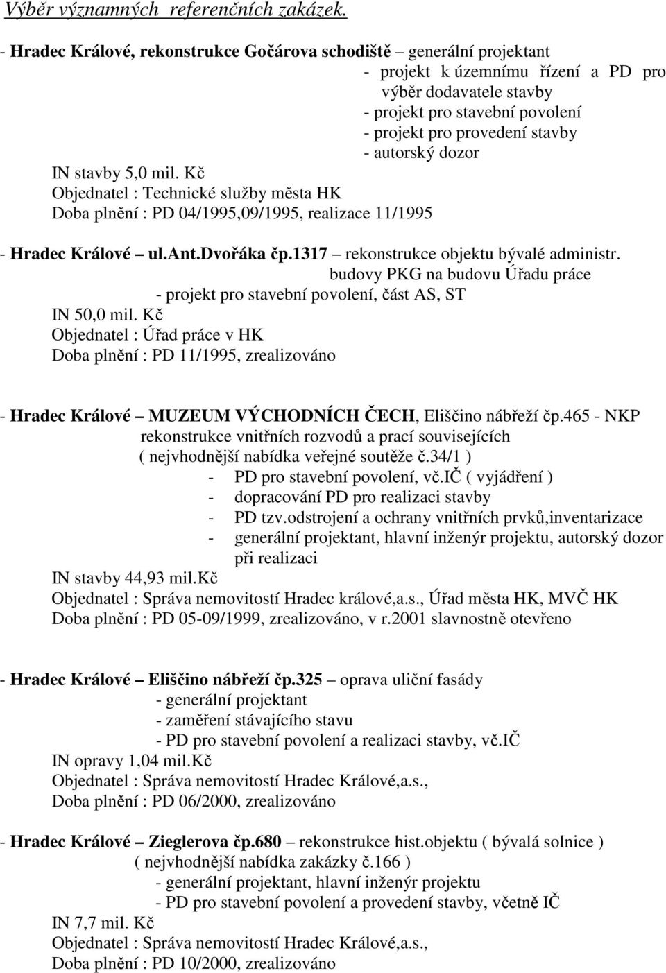 stavby 5,0 mil. Kč Objednatel : Technické služby města HK Doba plnění : PD 04/1995,09/1995, realizace 11/1995 - Hradec Králové ul.ant.dvořáka čp.1317 rekonstrukce objektu bývalé administr.