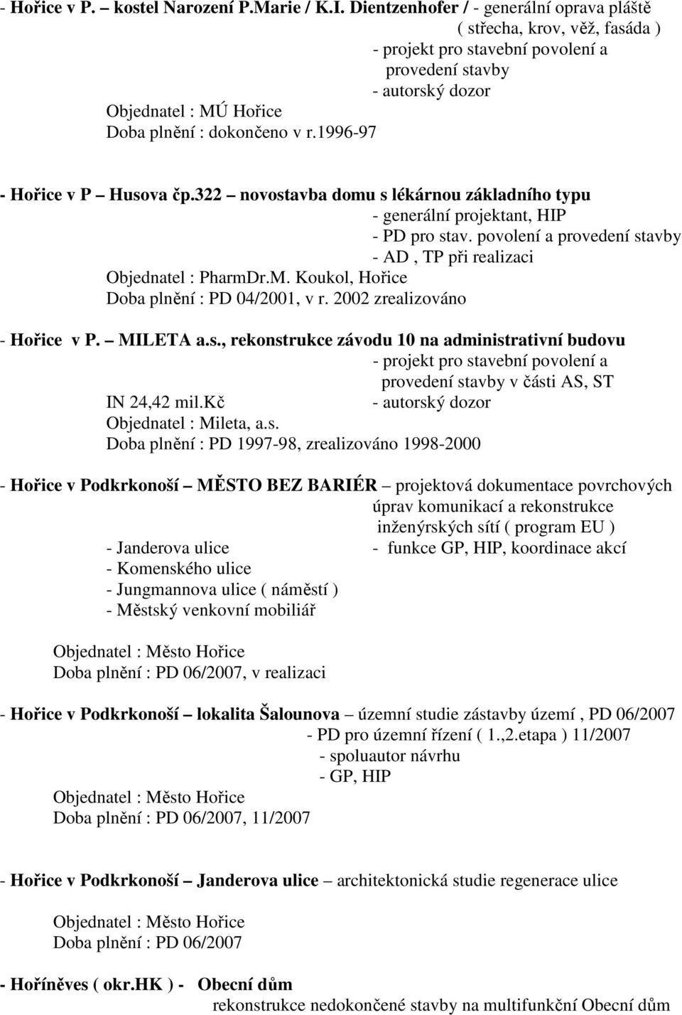 1996-97 - Hořice v P Husova čp.322 novostavba domu s lékárnou základního typu - generální projektant, HIP - PD pro stav. povolení a provedení stavby - AD, TP při realizaci Objednatel : PharmDr.M.