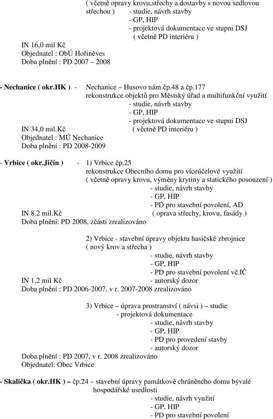 177 rekonstrukce objektů pro Městský úřad a multifunkční využití - studie, návrh stavby - projektová dokumentace ve stupni DSJ IN 34,0 mil.