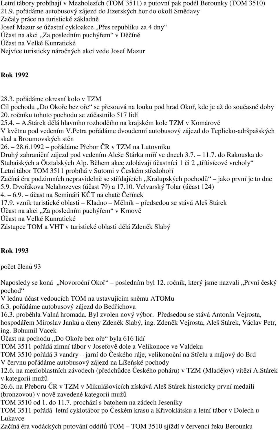 Účast na Velké Kunratické Nejvíce turisticky náročných akcí vede Josef Mazur Rok 1992 28.3.