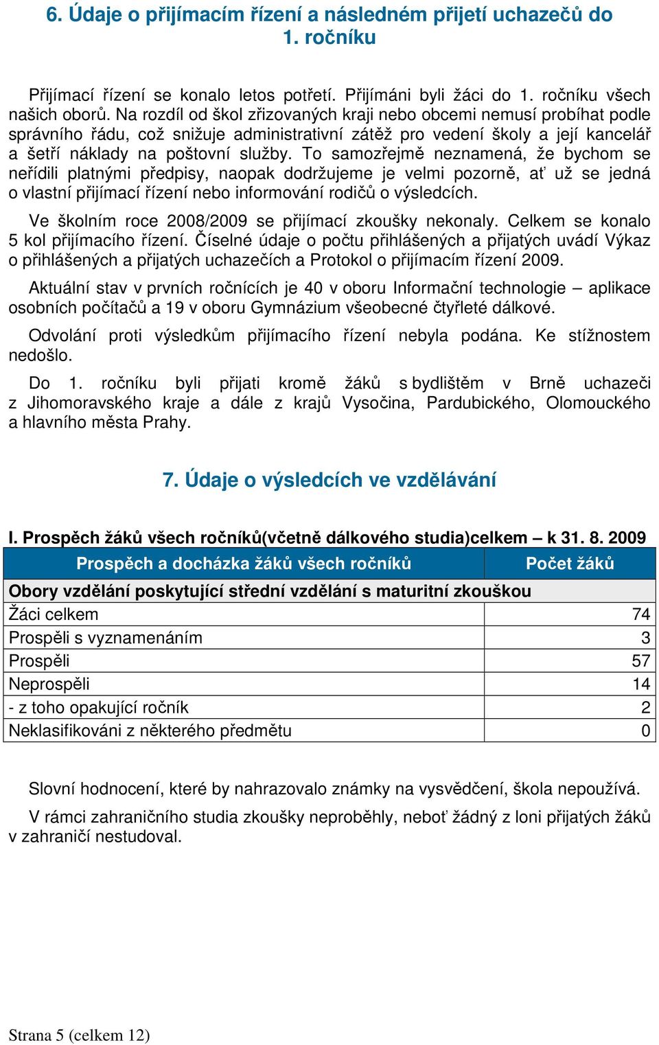 To samozřejmě neznamená, že bychom se neřídili platnými předpisy, naopak dodržujeme je velmi pozorně, ať už se jedná o vlastní přijímací řízení nebo informování rodičů o výsledcích.