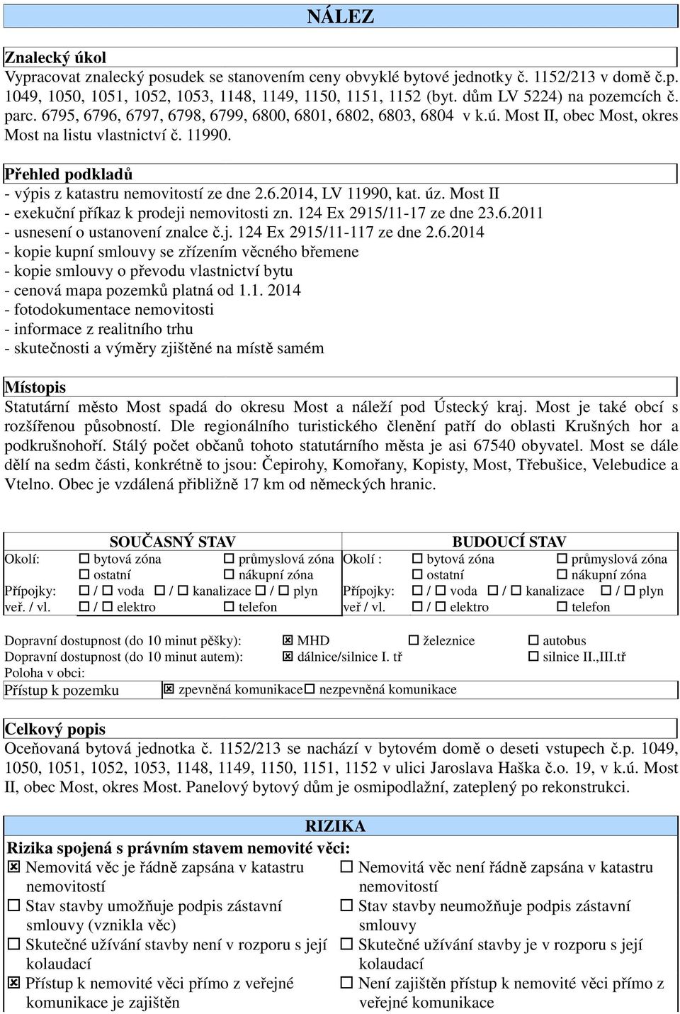 Přehled podkladů - výpis z katastru nemovitostí ze dne 2.6.2014, LV 11990, kat. úz. Most II - exekuční příkaz k prodeji nemovitosti zn. 124 Ex 2915/11-17 ze dne 23.6.2011 - usnesení o ustanovení znalce č.