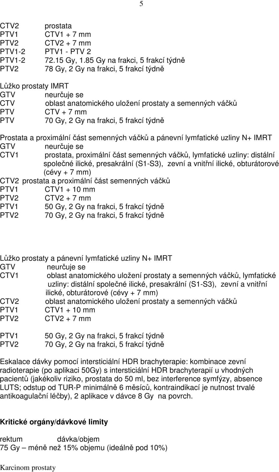 frakcí týdně Prostata a proximální část semenných váčků a pánevní lymfatické uzliny N+ IMRT CTV1 prostata, proximální část semenných váčků, lymfatické uzliny: distální společné ilické, presakrální