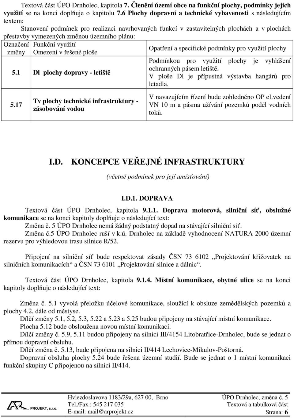 plánu: Označení změny Funkční využití Omezení v řešené ploše 5.1 Dl plochy dopravy - letiště 5.