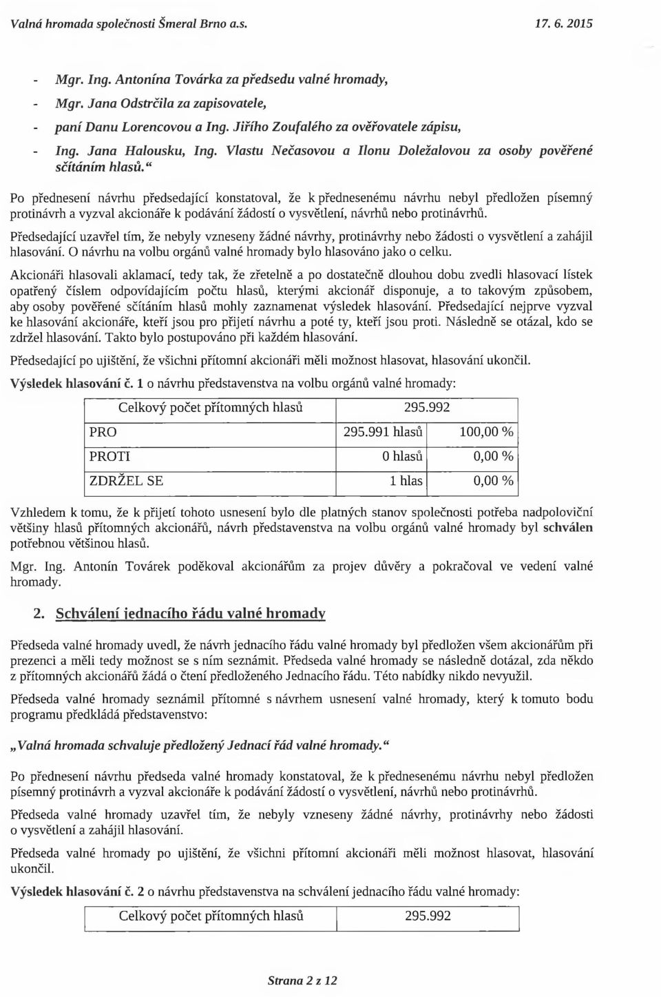 Po přednesení návrhu předsedající konstatoval, že k přednesenému návrhu nebyl předložen písemný protinávrh a vyzval akcionáře k podávání žádostí o vysvětlení, návrhů nebo protinávrhů.