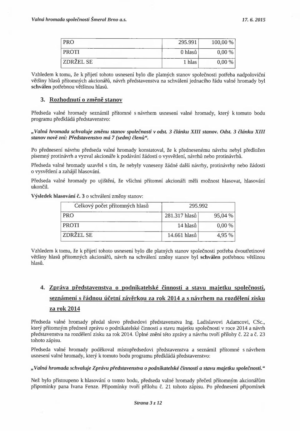 návrh představenstva na schválení jednacího řádu valné hromady byl schválen potřebnou většinou hlasů. 3.