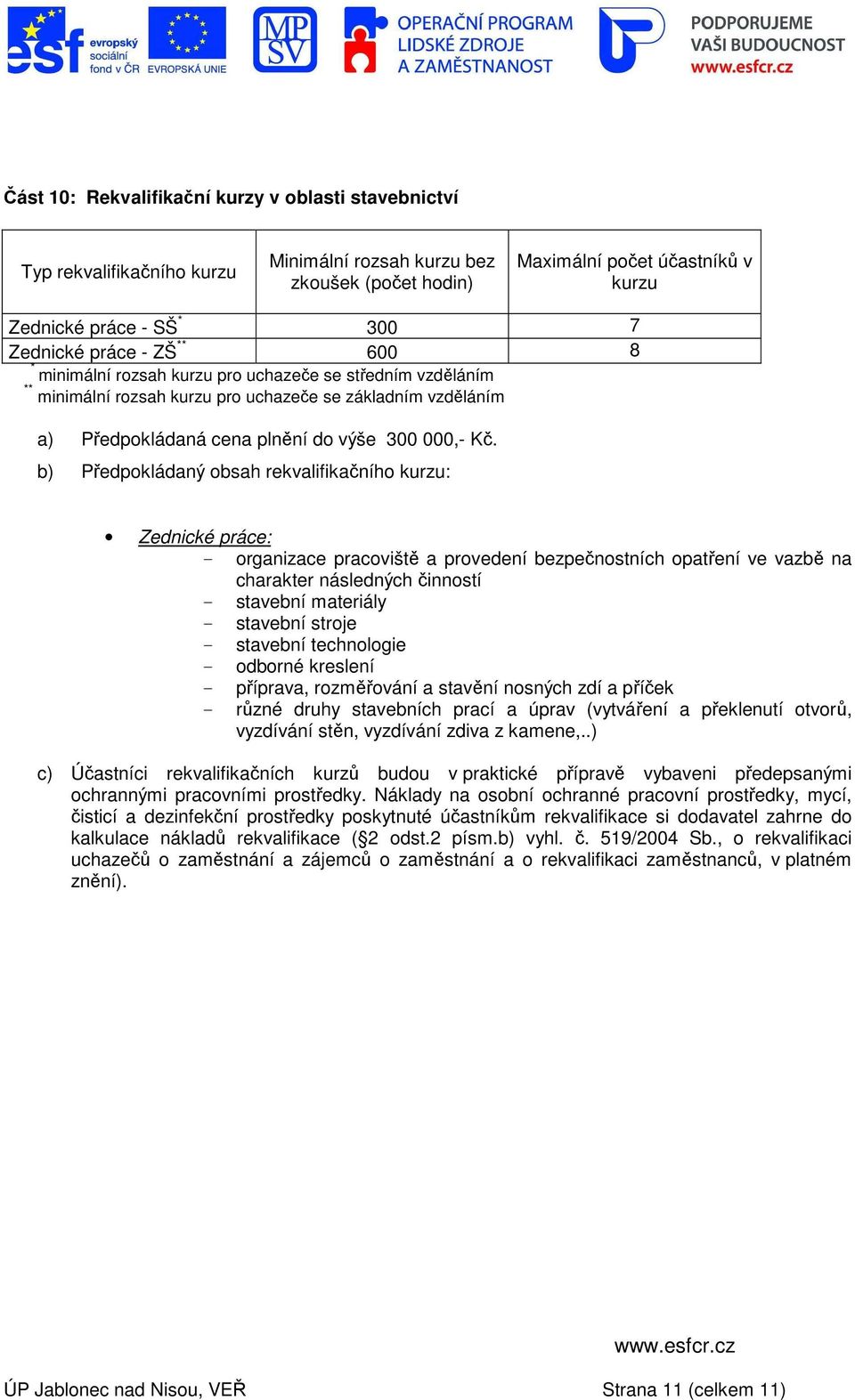 b) Předpokládaný obsah rekvalifikačního kurzu: Zednické práce: - organizace pracoviště a provedení bezpečnostních opatření ve vazbě na charakter následných činností - stavební materiály - stavební