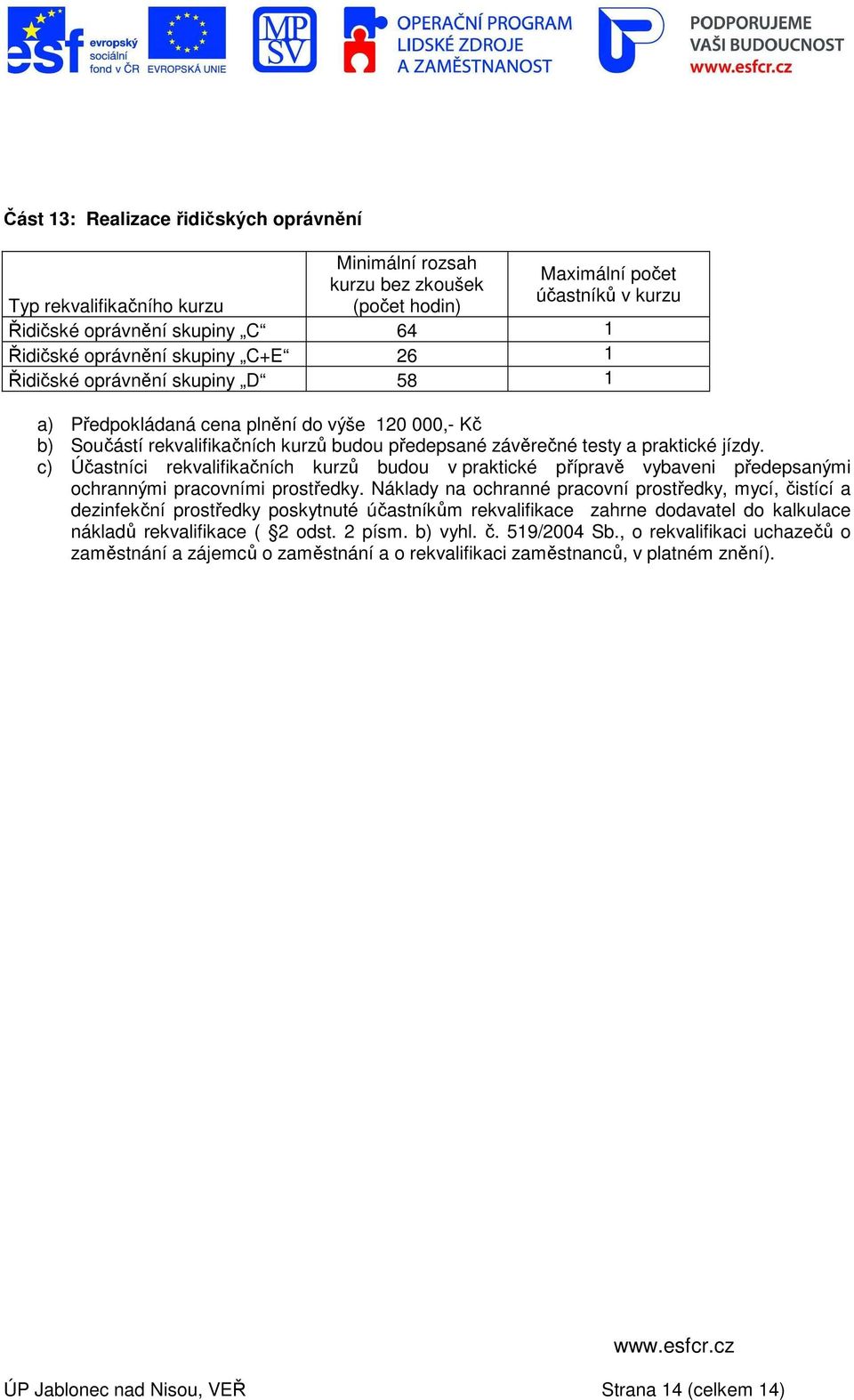 c) Účastníci rekvalifikačních kurzů budou v praktické přípravě vybaveni předepsanými ochrannými pracovními prostředky.