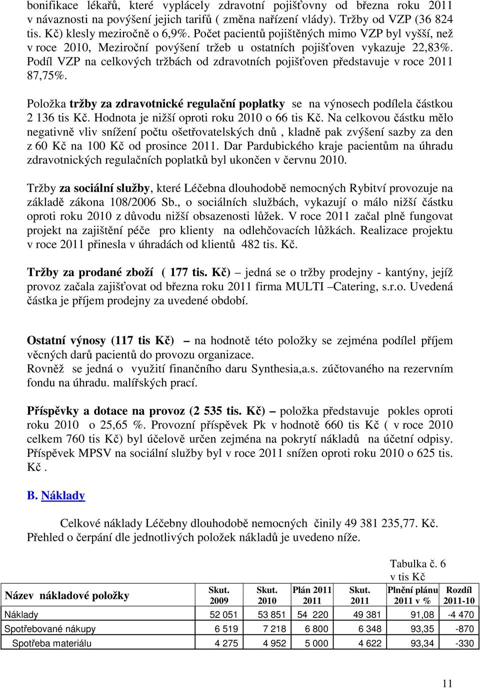Podíl VZP na celkových tržbách od zdravotních pojišťoven představuje v roce 2011 87,75%. Položka tržby za zdravotnické regulační poplatky se na výnosech podílela částkou 2 136 tis Kč.