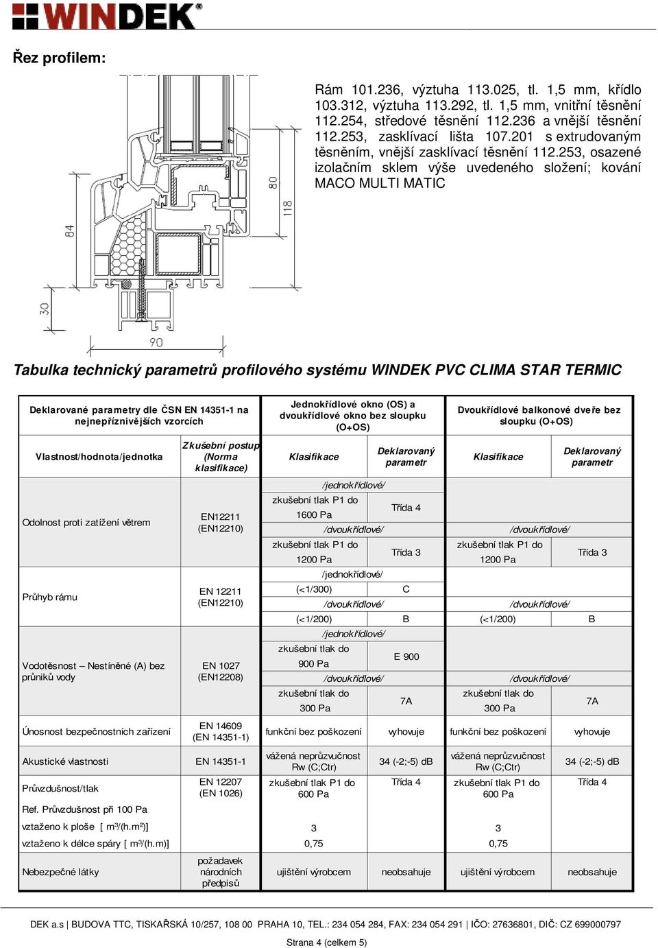 253, osazené izolačním sklem výše uvedeného složení; kování MACO MULTI MATIC Tabulka technický parametrů profilového systému WINDEK PVC CLIMA STAR TERMIC Deklarované parametry dle ČSN EN 14351-1 na