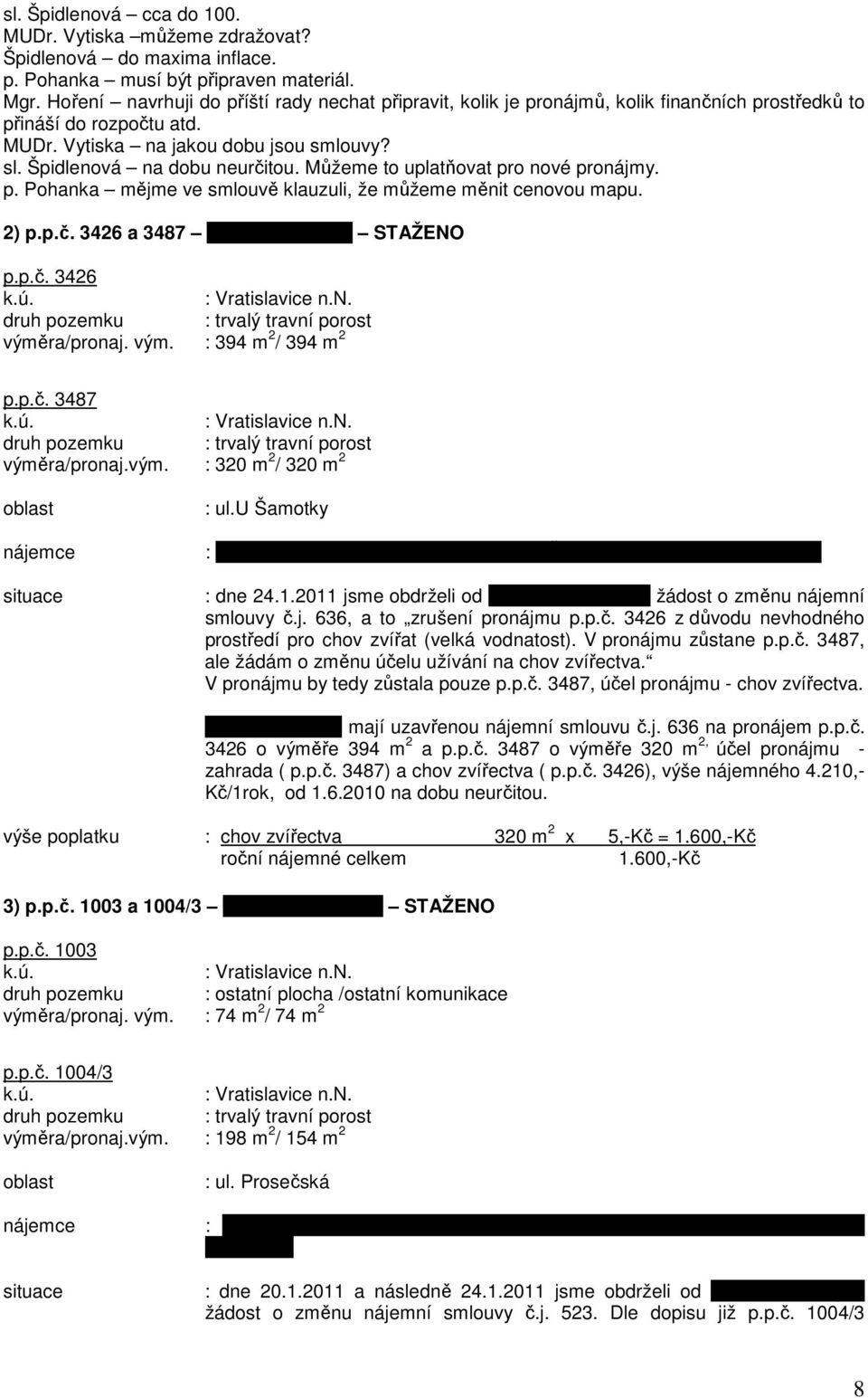 Můžeme to uplatňovat pro nové pronájmy. p. Pohanka mějme ve smlouvě klauzuli, že můžeme měnit cenovou mapu. 2) p.p.č. 3426 a 3487 manž. Vidnerovi STAŽENO p.p.č. 3426 k.ú. : Vratislavice n.n. druh pozemku : trvalý travní porost výměra/pronaj.